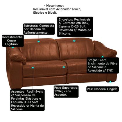 Imagem de Sofá Reclinável Elétrico 2 Lugares Sala de Estar 212cm Agnes Couro Conhaque Brilho - Gran Belo