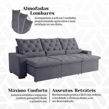 Imagem de Sofá Retrátil 230m 3 Lugares em Suede com Abertura Premium Milão Cinza