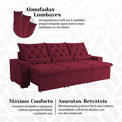 Imagem de Sofá Retrátil 230m 3 Lugares em Suede com Estrutura Reclinável de Alto Padrão Milão Vermelho