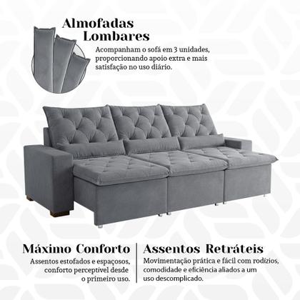Imagem de Sofá Retrátil 230m 3 Lugares em Suede com Estrutura Reforçada Milão Cinza Claro