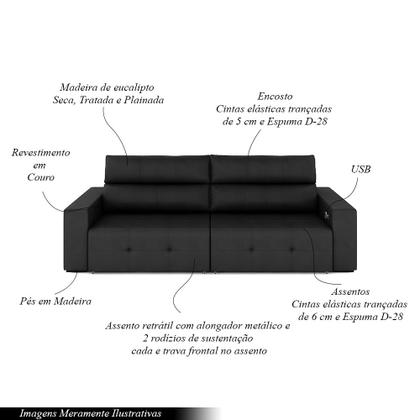 Imagem de Sofá Retrátil 3 Lugares 204cm 2 Módulos Nero com USB Couro Preto G52 - Gran Belo