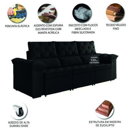 Imagem de Sofá Retrátil 3 Lugares 2,10m York Suede Preto