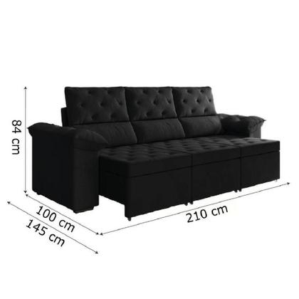 Imagem de Sofá Retrátil 3 Lugares 2,10m York Suede Preto Preto