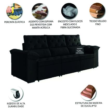 Sofá Retrátil 3 Lugares 2,10m York Suede Preto - SELMER ESTOFADOS Imagem de Sofá Retrátil 3 Lugares 2,10m York Suede Preto