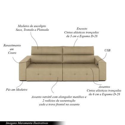 Imagem de Sofá Retrátil 3 Lugares 224cm 2 Módulos Nero com USB Couro Bege G52 - Gran Belo