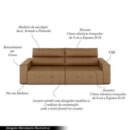 Imagem de Sofá Retrátil 3 Lugares 224cm 2 Módulos Nero com USB Couro Caramelo G52 - Gran Belo