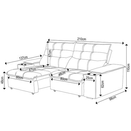 Imagem de Sofá Retrátil 3 Lugares com Porta Copo 210cm Malta F05 Veludo Marrom - Mpozenato