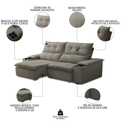 Imagem de Sofá Retrátil 3 Lugares com Porta Copo 210cm Malta F05 Veludo Marrom - Mpozenato