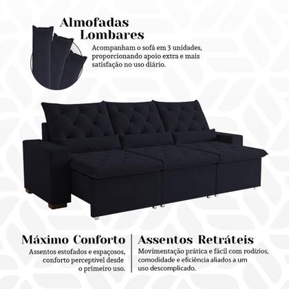 Imagem de Sofá Retrátil Confort 230m Suede Macio Estrutura Reforçada e Reclinável Milão Preto