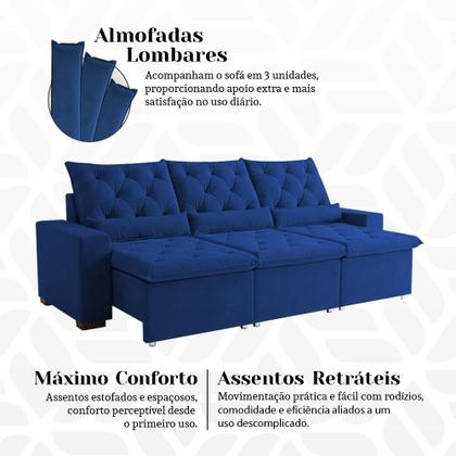 Imagem de Sofá Retrátil Design 230m Suede Elegante Estrutura Reforçada e Sistema Reclinável Moderno Milão Azul
