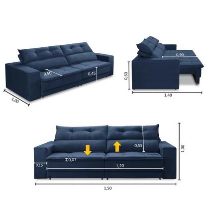Sofá Retrátil e Reclinável 2 lugares 1,50m com Molas Emily Suede Azul Adonai Estofados Imagem de Sofá Retrátil e Reclinável 2 lugares 1,50m com Molas Emily Suede Azul Adonai Estofados