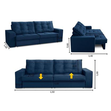 Imagem de Sofá Retrátil e Reclinável 2 lugares 1,50m com Molas Madrid Suede Azul Mirra Decor