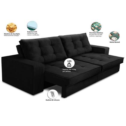 Imagem de Sofá Retrátil e Reclinável 2 lugares 1,70m com Molas Giovana Suede Preto Madelina Decor