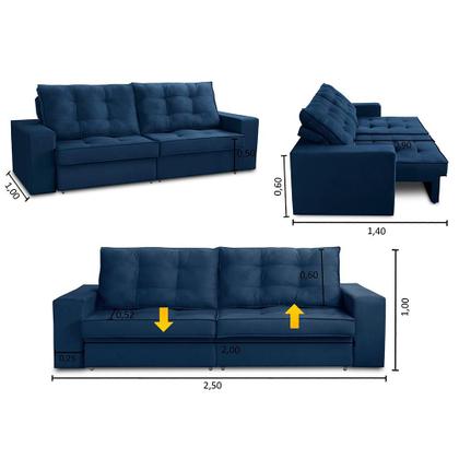 Imagem de Sofá Retrátil e Reclinável 2 lugares 2,50m com Molas Giovana Suede Azul Madelina Decor