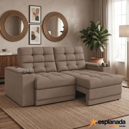 Imagem de Sofá Retrátil e Reclinável 2,05m 3 Lugares Com Porta Copos Entrada USB Kansas Veludo Cappuccino Luizzi