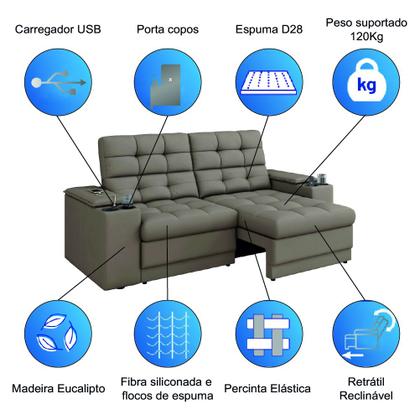 Imagem de Sofá Retrátil e Reclinável 2,05m 3 Lugares Com Porta Copos Entrada USB Kansas Veludo Cappuccino Luizzi