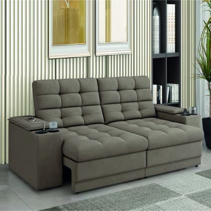 Imagem de Sofá Retrátil e Reclinável 2,05m 3 Lugares Com Porta Copos Entrada USB Kansas Veludo Cappuccino Luizzi