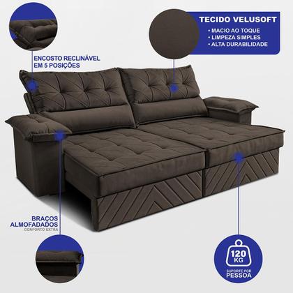 Imagem de Sofá Retrátil e Reclinável 2,10m com Molas e Espuma D33 Thunder. Velusoft Cama inBox