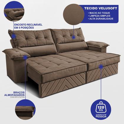 Imagem de Sofá Retrátil e Reclinável 2,10m com Molas e Espuma D33 Thunder. Velusoft Cama inBox