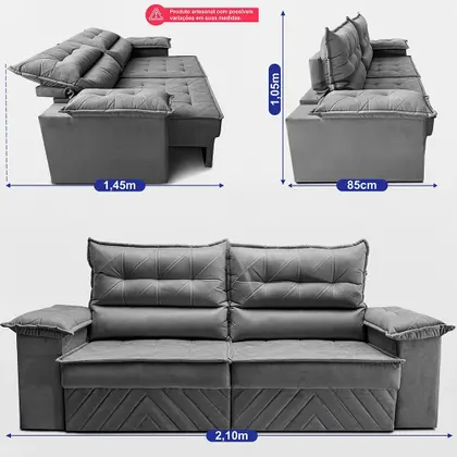Imagem de Sofá Retrátil e Reclinável 2,10m com Molas e Espuma D33 Thunder. Velusoft Cama inBox