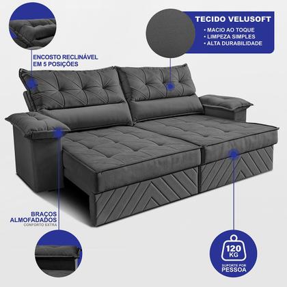 Imagem de Sofá Retrátil e Reclinável 2,10m com Molas e Espuma D33 Thunder. Velusoft Cama inBox