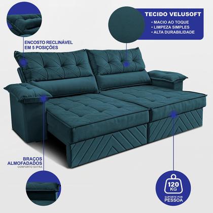 Imagem de Sofá Retrátil e Reclinável 2,10m com Molas e Espuma D33 Thunder. Velusoft Cama inBox