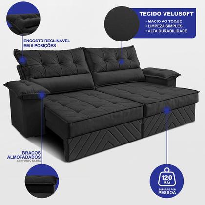 Imagem de Sofá Retrátil e Reclinável 2,10m com Molas e Espuma D33 Thunder. Velusoft Cama inBox