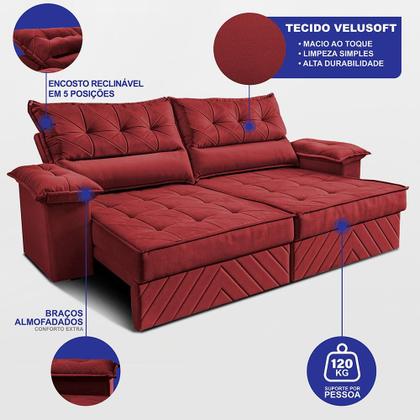 Imagem de Sofá Retrátil e Reclinável 2,10m com Molas e Espuma D33 Thunder. Velusoft Cama inBox