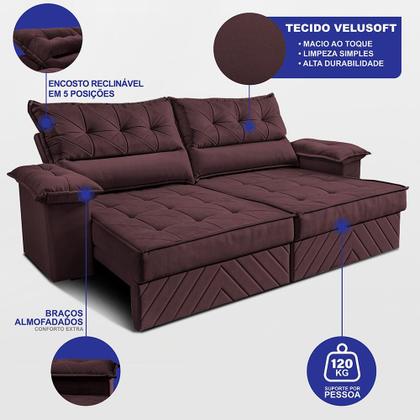 Imagem de Sofá Retrátil e Reclinável 2,10m com Molas e Espuma D33 Thunder. Velusoft Cama inBox