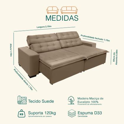 Imagem de Sofá Retrátil e Reclinável 2,10m Suede Marrom Castor Magno