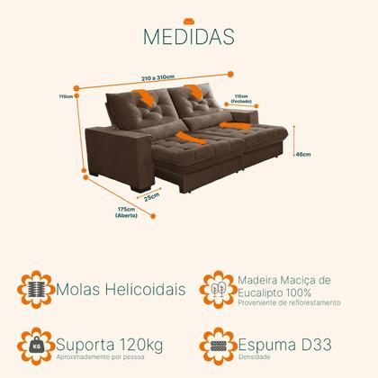 Imagem de Sofá Retrátil e Reclinável 2,30m Suede Juliette Marrom Castor
