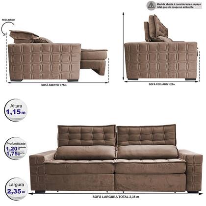 Imagem de Sofá Retrátil e Reclinável 2,35m Cama inBox Big Star com SoftGelD40 Velupluma Castor