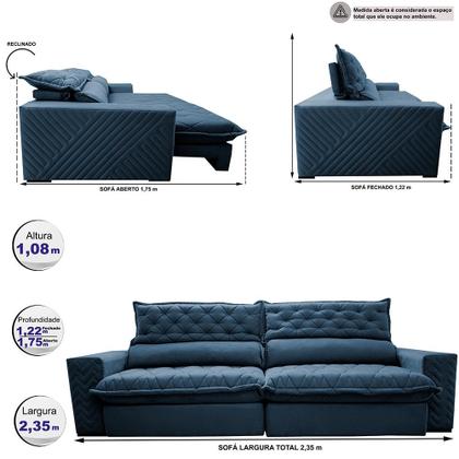 Imagem de Sofá Retrátil e Reclinável 2,35m Molas Ensacadas Cama inBox Spazus com Bordado 3D Velusoft Azul