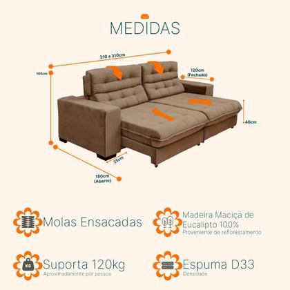 Imagem de Sofá Retrátil e Reclinável 2,50m Suede New California Marrom Castor