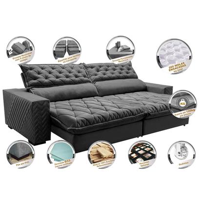 Imagem de Sofá Retrátil e Reclinável 2,55m Molas Ensacadas Cama inBox Spazus. com Bordado 3D Velusoft