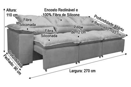 Imagem de Sofá Retrátil e Reclinável 2,70m em Tecido Veludão C/Pillow nos Braços Athenas