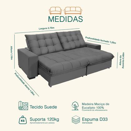 Imagem de Sofá Retrátil E Reclinável 2,70m Suede Califórnia Cinza