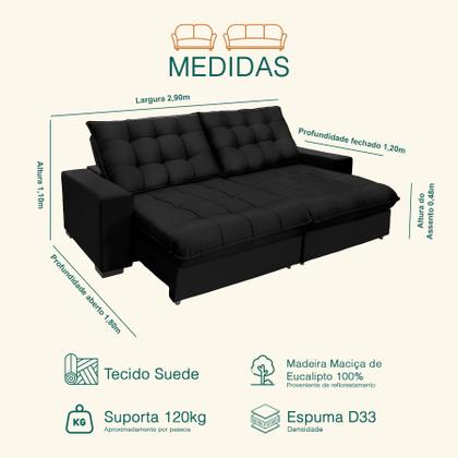 Imagem de Sofá Retrátil E Reclinável 2,90m Suede Califórnia Preto