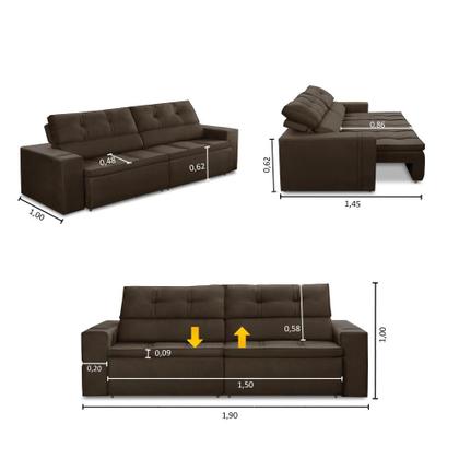 Imagem de Sofá Retrátil e Reclinável 3 lugares 1,90m com Molas Stella Suede Marrom Adonai Estofados