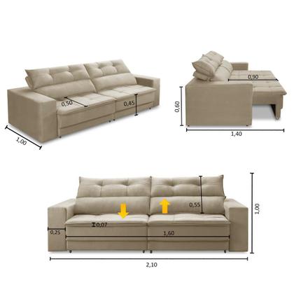 Imagem de Sofá Retrátil e Reclinável 3 lugares 2,10m com Molas Emily Suede Bege Adonai Estofados