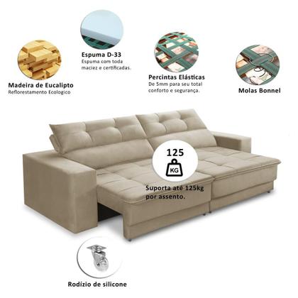 Imagem de Sofá Retrátil e Reclinável 3 lugares 2,10m com Molas Emily Suede Bege Adonai Estofados