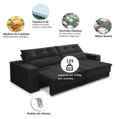 Imagem de Sofá Retrátil e Reclinável 3 lugares 2,10m com Molas Emily Suede Preto Adonai Estofados