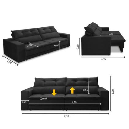Imagem de Sofá Retrátil e Reclinável 3 lugares 2,10m com Molas Emily Suede Preto Adonai Estofados