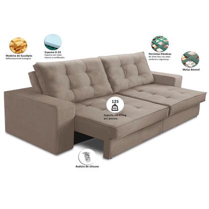 Imagem de Sofá Retrátil e Reclinável 3 lugares 2,10m com Molas Marcela Suede Cappuccino Adonai Estofados