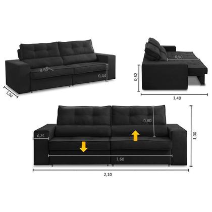 Imagem de Sofá Retrátil e Reclinável 3 lugares 2,10m com Molas Milena Suede Preto Rover & Beato