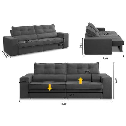 Imagem de Sofá Retrátil e Reclinável 3 lugares 2,10m com Molas Mirela Suede Cinza Adonai Estofados