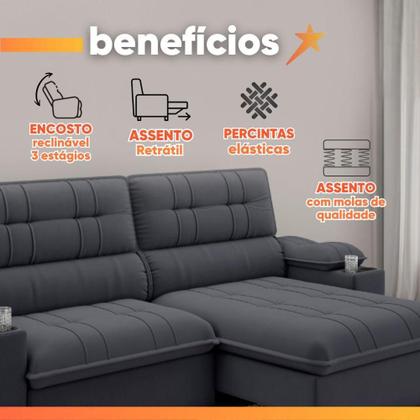Imagem de Sofá Retrátil E Reclinável 3 Lugares 2,10m Com Porta Copos Slim Stanley Cinza