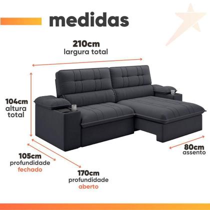 Imagem de Sofá Retrátil E Reclinável 3 Lugares 2,10m Com Porta Copos Slim Stanley Cinza