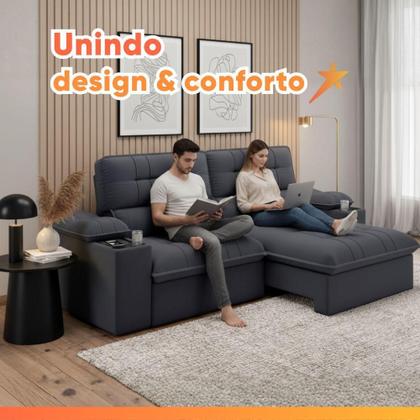 Imagem de Sofá Retrátil E Reclinável 3 Lugares 2,10m Com Porta Copos Slim Stanley Cinza
