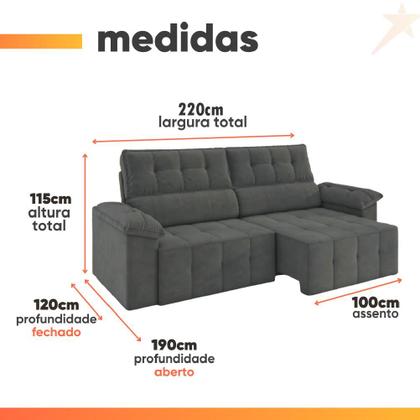 Imagem de Sofá Retrátil e Reclinável 3 Lugares 2,20m Veludo Santorini Cinza Luizzi